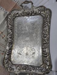 AG DAMGALI GÜMÜŞ KAPLAMA ÇAY TEPSİSİ 27x45 cm