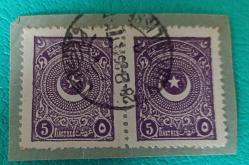 1923 Ayyıldız 5 kuruş çift pullu Kırkkilise ( Kırklareli) damgalı fragman