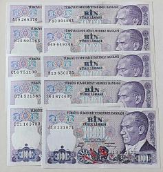 Türkiye Cumhuriyeti 7. EMİSYON 1000 LİRA SERİ A29,B25,C16,D24,E21,F43,G49,H13,I64,J13 TAM TAKIM Çil
