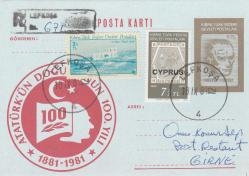 1981 KKTC Atatürk'ün Doğumunun 100.Yılı Lefkoşa Damgalı Postadan Geçmiş Taahhütlü Antiye