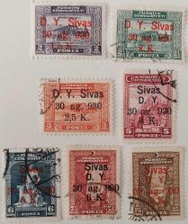 1930 ANKARA-SİVAS DEMİRYOLU HATTININ AÇILIŞI SÜRŞARJLI HATIRA PULLARINDAN 1237-1238-1239-1241-1242-1243-1248 İSFİLA NOLU DAMGALI PULLAR 1B2YY1 NADİR