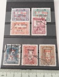 1930 ANKARA-SİVAS DEMİRYOLU HATTININ AÇILIŞI SÜRŞARJLI HATIRA PULLARINDAN 1237-1238-1239-1241-1242-1243-1248 İSFİLA NOLU DAMGALI PULLAR 1B2YY1 NADİR