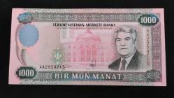 1995 YILI TÜRKMENİSTAN 1000 MANAT A SERİSİ  HİÇ KULLANILMAMIŞTIR.