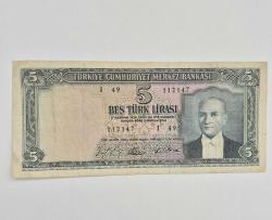 5 Türk Lirası 5 Emisyon 4 Tertip 1965 Senesi Beş Türk Lirası