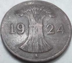 Almanya 1924 A 1 Reichspfennig Weimar Cumhuriyeti Bronz Madeni Para