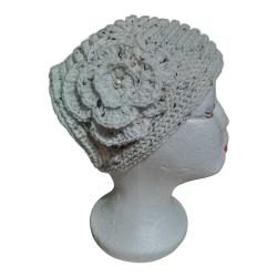 Handmade Bohem Beyaz Kırçıllı ve İncili Çiçek Detaylı Örgü Bere