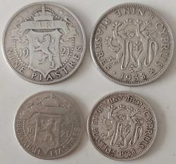 1921-1938 KIBRIS 9 PIASTRE GÜMÜŞ PARALAR İLE 1921-1938 KIBRIS 4½ PIASTRE GÜMÜŞ PARA SETİ 4 ADET 2RRR1A1 ÇOK NADİRDİR