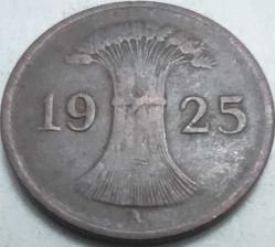 Almanya 1925 A 1 Reichspfennig Weimar Cumhuriyeti Bronz Madeni Para