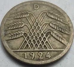 Almanya 1924 D 5 Rentenpfennig Weimar Cumhuriyeti Alüminyum-Bronz Para
