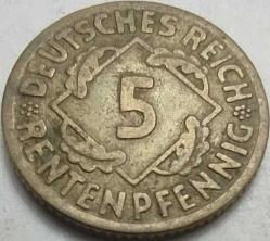 Almanya 1924 D 5 Rentenpfennig Weimar Cumhuriyeti Alüminyum-Bronz Para