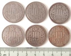 1935-36-37-38-39-40 10 KURUŞ ORİJİNAL TAM SET MADENİ PARASI 6 ADET 6NN1RR ÇOK NADİRDİR