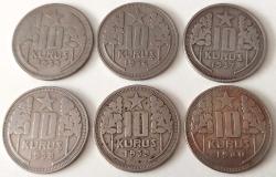 1935-36-37-38-39-40 10 KURUŞ ORİJİNAL TAM SET MADENİ PARASI 6 ADET 6NN1RR ÇOK NADİRDİR