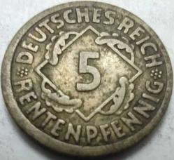 Almanya 1924 A 5 Rentenpfennig Weimar Cumhuriyeti Alüminyum-Bronz