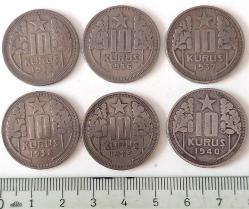 1935-36-37-38-39-40 10 KURUŞ ORİJİNAL TAM SET MADENİ PARASI 6 ADET UUU1AA1 ÇOK NADİRDİR