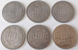 1935-36-37-38-39-40 10 KURUŞ ORİJİNAL TAM SET MADENİ PARASI 6 ADET BBB2AA1 ÇOK NADİRDİR