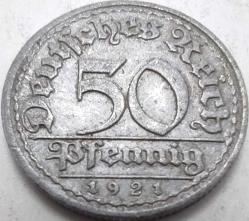 Almanya 1921 F 50 Pfennig Weimar Cumhuriyeti Alüminyum Madeni Para