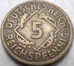 Almanya 1925 A 5 Reichspfennig Weimar Cumhuriyeti Alüminyum-Bronz