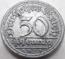 Almanya 1921 A 50 Pfennig Weimar Cumhuriyeti Alüminyum Madeni Para