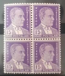 Cumhuriyet 1950-1951  Beşinci ATATÜRK SERİSİ 15 KURUŞ  Dörtlü Blok Abklaç erörü MNH