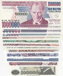7. EMİSYON 10 LİRADAN 1 MİLYON DAHİL TAKIM - 12 ADET BANKNOTE / ÇİL KONDİSYON