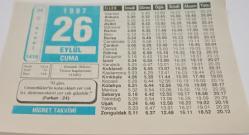 26 Eylül 1997-Orijinal Takvim Yaprağı-Doğum Günü-Söz,Nişan,Nikâh,Düğün ve Önemli Günler Hediyesi-Hicret Takvimi-Ayet(Hadis)-(Furkan-24)-Osmanlı Ordusu Viyana Kapılarında(1529)-A.Hakim Arvasi(K.s.)-Said-i Nursi(r.a.)