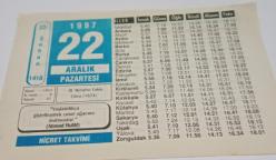 22 Aralık 1997-Orijinal Takvim Yaprağı-Doğum Günü-Söz,Nişan,Nikâh,Düğün ve Önemli Günler Hediyesi-Hicret Takvimi-Ayet(Hadis)(Ahmed Rufai)-III.Murat'ın Tahta Çıkışı(1674)-Abdülkadir Geylani(k.s.)-Melekler-Hikmetler