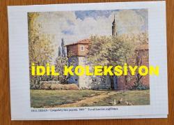TÜRK SANAT MÜZİĞİ SANATÇISI SEVİM DERAN'IN EŞİ EROL DERAN'IN RESİM SERGİSİNİN ORİJİNAL DAVETİYE KARTPOSTALI - 16 x 12 cm EBADINDA  - EROL DERAN, 1. KİŞİSEL RESİM SERGİSİ. 19 MART - 8 NİSAN 1982 - GALERİ BARAZ - SİNEMKÖY, İSTANBUL (EROL DERAN'IN ''ÇENGELKÖY'DEN PEYSAJ, 1981'' ADLI TUVAL ÜZERİNE YAĞLIBOYA ÇALIŞMASI RESMİ İLE