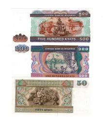 Myanmar 50/100/500 Kyats Yabancı Kağıt Para Set ÇİL YKP8459