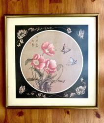 70'ler Japon Asya Çiçekleri ve Kelebekleri Çerçeveli Sanat Baskısı...NADİR!