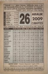 26 Aralık 2009-Orijinal Takvim Yaprağı-Doğum Günü-Söz,Nişan,Nikâh,Düğün ve Önemli Günler Hediyesi-Fazilet Takvimi-Ayet(Hadis)(Hadis-i Şerif,Müsned-i Ebu Hanife)-AŞURA GÜNÜ, Rusların Afganistan'ı İşgali (1979)-Gecenin Fazileti