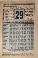 29 Aralık 2009-Orijinal Takvim Yaprağı-Doğum Günü-Söz,Nişan,Nikâh,Düğün ve Önemli Günler Hediyesi-Fazilet Takvimi-Ayet(Hadis)(Hadis-i Şerif, Sünen-i Ebu Davud )-Sultan İkinci Mustafa Han'ın Vefatı (1703)-Ehl-i Küfre Benzemekten Sakınmak