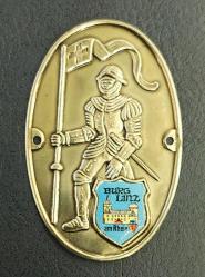 Almanya-Burg Linz, Şövalye ve Ren Nehri Üzerindeki Linz Kalesi Temalı Hatıra Baston (Sopa) Etiketi. Şehir Armalı. Renkli Mine. Çivi Delikli/Kalay, 1980'ler (30x45 mm)