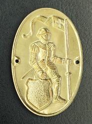 Almanya-Burg Linz, Şövalye ve Ren Nehri Üzerindeki Linz Kalesi Temalı Hatıra Baston (Sopa) Etiketi. Şehir Armalı. Renkli Mine. Çivi Delikli/Kalay, 1980'ler (30x45 mm)