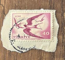 Türk Pulu - Turkish Stamp - Mektup Zarfından Kesilmiş / Postadan Geçmiş Pul Filateli - DAMGALI - KIRLANGIÇ KUŞLARI TEMALI PUL, 40 PARA - Türkiye Cumhuriyeti - NOSTALJİK DOĞUM GÜNÜ HEDİYESİ