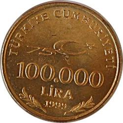 Türkiye Cumhuriyeti 1999 Yılı 100.000 Lira Cumhuriyetin 75. Yılı Hatıra Parası (1375)