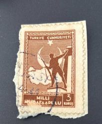 Türk Pulu - Turkish Stamp - Mektup Zarfından Kesilmiş / Postadan Geçmiş Pul Filateli - DAMGALI - MİLLİ MÜDAFAA TEMALI PUL, 3 KURUŞ - Türkiye Cumhuriyeti - NOSTALJİK DOĞUM GÜNÜ HEDİYESİ