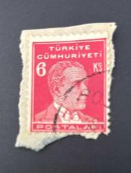 Türk Pulu - Turkish Stamp - Mektup Zarfından Kesilmiş / Postadan Geçmiş Pul Filateli - DAMGALI - ATATÜRK TEMALI PUL, 6 KURUŞ - Türkiye Cumhuriyeti - NOSTALJİK DOĞUM GÜNÜ HEDİYESİ