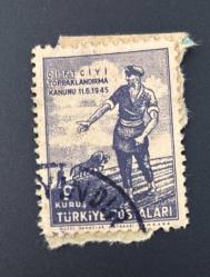 Türk Pulu - Turkish Stamp - Mektup Zarfından Kesilmiş / Postadan Geçmiş Pul Filateli - DAMGALI - ÇİFTÇİYİ TOPRAKLANDIRMA KANUNU 11.6.1945 TEMALI PUL, 9 KURUŞ - Türkiye Cumhuriyeti - NOSTALJİK DOĞUM GÜNÜ HEDİYESİ