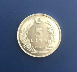 1987 CUMHURİYET MADENİ PARALARI 5 LİRA ÇİLLL