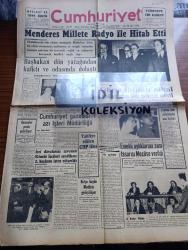 Cumhuriyet Gazetesi - Turkish Newspaper - 20 Şubat 1959 - Adnan Menderes millete radyo ile hitap etti - Başbakan Adnan Menderes Dün yatağından kalktı ve odasında dolaştı - uçak kazasından sonra Adnan Menderes'e ilk yardımı yapan Newdigate'li çiftçi Anthony Bailey ve karısı Margaret fotoğraf - Dr. Fazıl Küçük anlaşmanın imzalandığı Lancaster House'dan çıkarken imzayı müteakip MacMillan Fatin Rüştü Zorlu ve Karamanlis el sıkışırlarken fotoğraf - Londra'da vuku bulan uçak kazasında vefat edenlerin cenazeleri yurda getiriliyor - Başbakan Adnan Menderes uçak kazasından sağ kurtulmuştu - Türkiye'de ilk defa bir ağır ceza mahkemesini 3 kadın hakim idare etmiştir fotoğraf - hükümet meydanı yazan İlhan Tarus Yazı Dizisi - İzmir'de dünkü basın davaları - his ve akıl yolları yazan Burhan Felek - Muhsin Ertuğrul'a dair yazılan yazı davası - Yahya Kemal'i sevenler dün toplandılar - Uluç Ali yazan halikarnas balıkçısı Yazı Dizisi - İstanbul belediyesi şehir tiyatrosu dram kısmında dört albayın aşkı