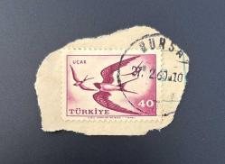 Türk Pulu - Turkish Stamp - Mektup Zarfından Kesilmiş / Postadan Geçmiş Pul Filateli - BURSA, 1960 DAMGALI - KIRLANGIÇLAR  TEMALI PUL, 40 PARA- Türkiye Cumhuriyeti - NOSTALJİK DOĞUM GÜNÜ HEDİYESİ