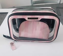 Orjinal Victoria's Secret  pembe Çizgili 3 lü Makyaj  Çantası Seti   Sıfır Ürün