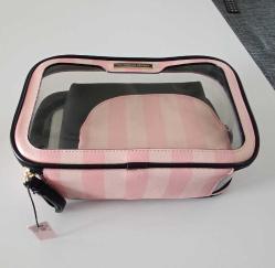 Orjinal Victoria's Secret  pembe Çizgili 3 lü Makyaj  Çantası Seti   Sıfır Ürün