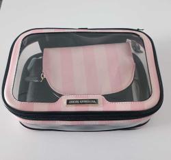 Orjinal Victoria's Secret  pembe Çizgili 3 lü Makyaj  Çantası Seti   Sıfır Ürün