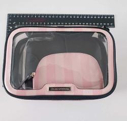 Orjinal Victoria's Secret  pembe Çizgili 3 lü Makyaj  Çantası Seti   Sıfır Ürün