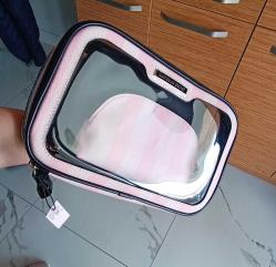 Orjinal Victoria's Secret  pembe Çizgili 3 lü Makyaj  Çantası Seti   Sıfır Ürün