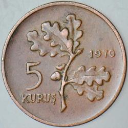 TÜRKİYE CUMHURİYETİ 5 KURUŞ 1970.
