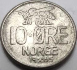 Norveç 1965 10 Öre Kral Olav V Dönemi Taçlı Monogram Temalı