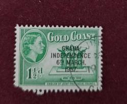 İngiliz Sömürgesi Gold Coast- Damgalı pul_ Gana Bağımsızlık 1957 sürşarjlı