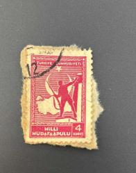 Türk Pulu - Turkish Stamp - Mektup Zarfından Kesilmiş / Postadan Geçmiş Pul Filateli -  DAMGALI - MİLLİ MÜDAFAA TEMALI PUL, 4 KURUŞ- Türkiye Cumhuriyeti - NOSTALJİK DOĞUM GÜNÜ HEDİYESİ